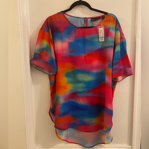 New York & Company Tops - New York & Company Bright Multicolor Watercolor Short Sleeve Blouse